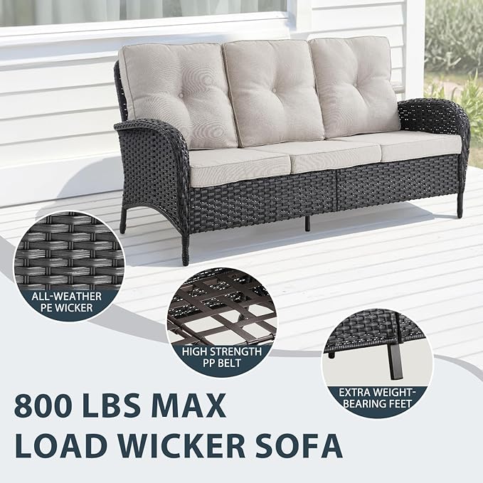 6 Piece Patio Furniture Set - Wicker Patio Conversation Set with Swivel Glider, 3-Seater Sofa, Tempered Glass Side Table and 2 Ottomans for Deck Backyard - Black Wicker Beige Cushion