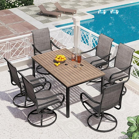 PHI VILLA Patio Dining Set for 6, Padded Textilene Swivel Dining Chairs & Brown Metal Slat Table Top with 1.6" Umbrella Hole, Rustproof Waterproof for All Weather,Outdoor Dining Set for Garden Yard