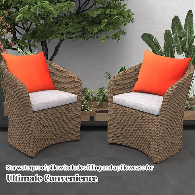 WOLKI Waterproof Outdoor Pillows 22x22 Feather and Down Filled Throw Pillow for Patio Furniture, Outside Decorative Pillow Set of 2 Orange