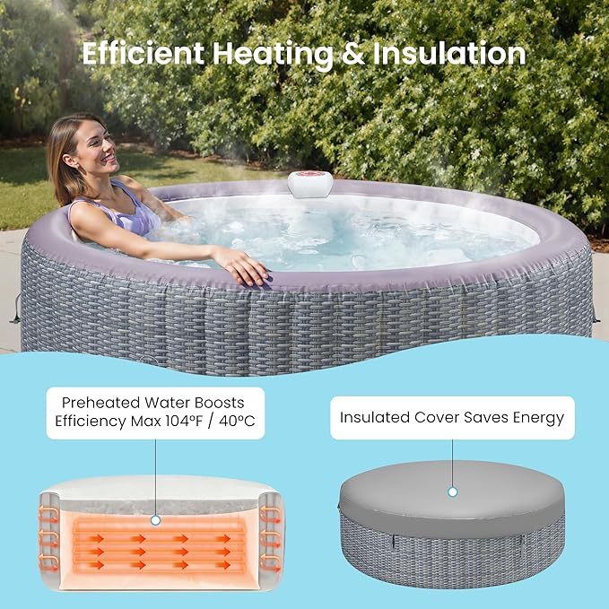 Inflatable Hot Tub for 4-6 People, Portable Bubble Massage Spa with 130 Soothing Jets, Built-in Heater Pump & 6 Filter Cartridges (Round)