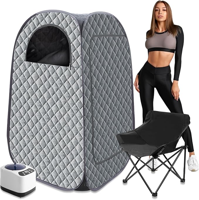 Portable Steam Sauna, Personal Steam Sauna Tent for Home Spa, Full Size Portable Spa Sauna Box with 3L 1000W Sauna Steamer, Large Size Foldable Chair Included, Grey