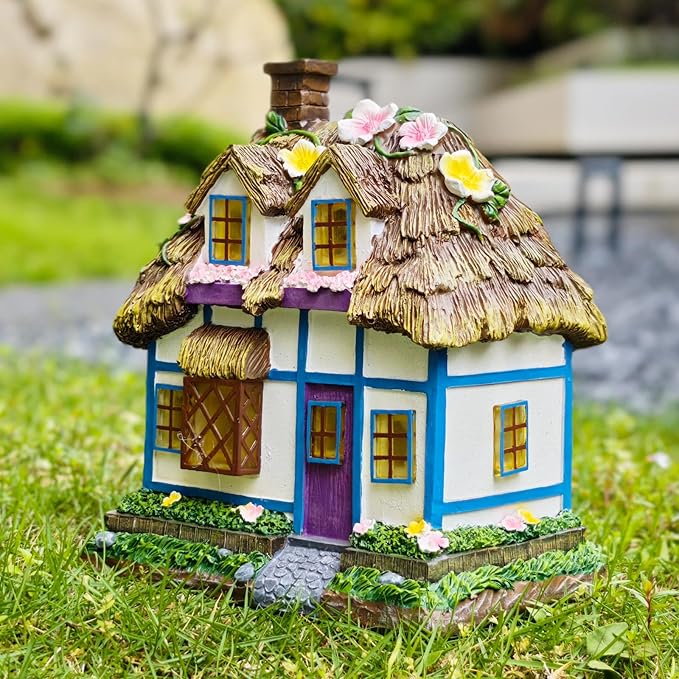 Prospect Thatched Cottage, Solar Statue Lights Mushroom Fairy House, Garden House Statues, Outdoor Memorial Ornaments Waterproof Decoration for Outside Patio Yard Lawn Decor