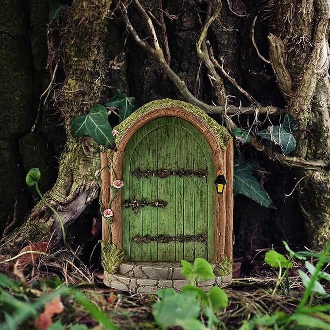 2Pcs Green Fairy Door Wooden Miniature Fairy Gardens Doors Outdoor Mini Fairy Gnome House Accessories for Tree Trunk Ornaments Garden Miniatures, Outdoor Statues,Garden Sculptures and Statues