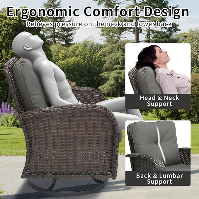 3 Pieces Patio Furniture Set, Outdoor Swivel Rocking Chair Set of 2 with Side Table - 360° Swivel, Thick Cushions, All-Weather Bistro Set for Deck, Porch, Pool (Grey, Brown Full-Weave Rattan)