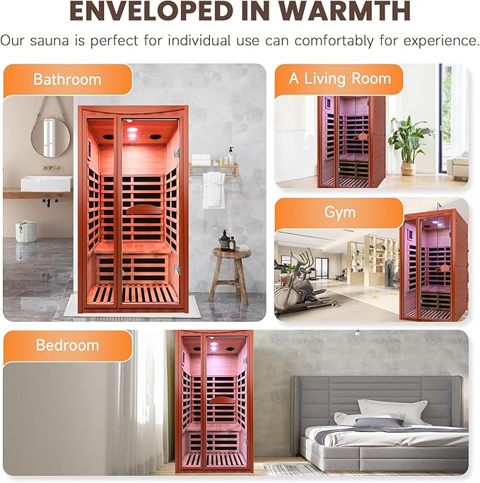 Far Infrared Sauna Home Sauna Spa Room for 1-2 Person Low-EMF Canadian Hemlock Wood 1550W Indoor Saunas with 7 Color Light 39.3 * 35.4 * 74.8Inch
