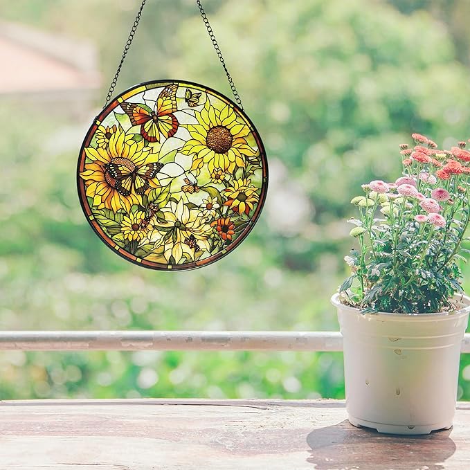 Sunflower Hanging Stained Glass for Windows,Hand-Painted Sun Catcher Garden Hangings，6.3 inch
