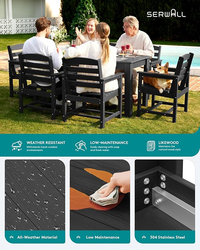 SERWALL Patio Dining Set for 4, Outdoor Dining Sets for 4 Person with 1 Umbrella Hole Cut-Out Rectangular Table and 4 Chairs, HDPE Dining Sets for Garden, Backyard, Poolside, Black