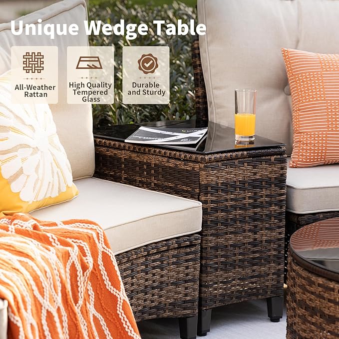 MEISSALIVVE 9 Piece Outdoor Patio Furniture Set, Half-Moon Curved Sectional Set with Wood Armrests, Patio Conversation Set, Tempered Glass Coffee & Side Tables（Brown）