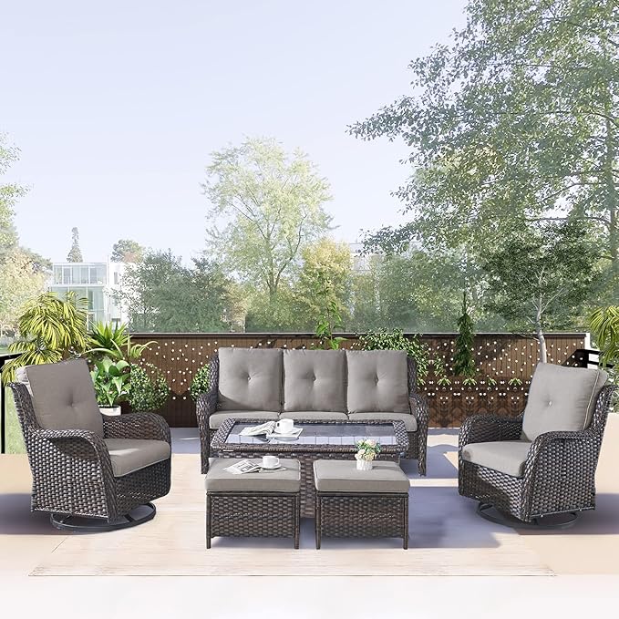 Rilyson 6 Piece Outdoor Patio Furniture Set - Rattan Wicker Patio Conversation Sets with 2 Swivel Rocker Chairs,2 Ottomans,1 Sofa and 1 Coffee Table for Outside Porch Deck Backyard(Brown/Grey)