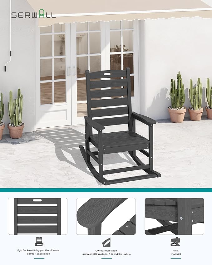 SERWALL Outdoor Rocking Chair, Oversized Rocking Chair with Footrest for Adults, HDPE All Weather Resistant Rocking Chairs for Patio, 350lbs Weight Capacity, Gray