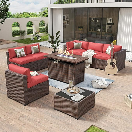 Aoxun 8 Piece Patio Furniture Set with 44” Fire Pit Table Wicker Rattan Outdoor Sectional Sofa Set with Coffee Table and Thickened Cushions, Red (Waterproof Cover Included)