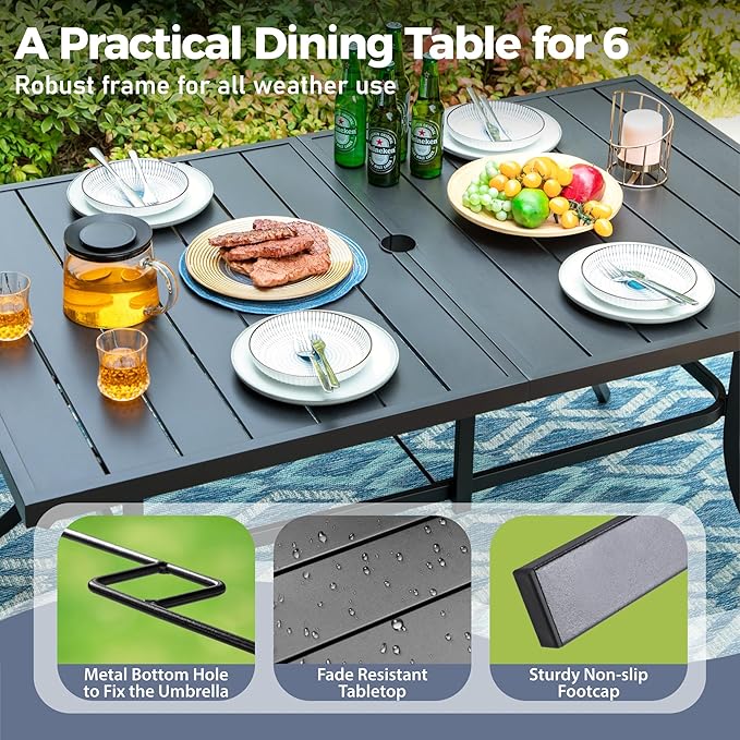7 PCS Patio Dining Set for 6, Rectangular Metal Dining Table with Umbrella Hole and 6 Chairs, Outdoor Table and Chairs Set for Lawn Garden Backyard and Deck, Blue