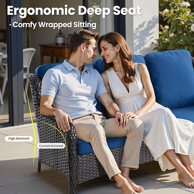 ovios 9 Pieces Patio Furniture Set, Outdoor Wicker Sofa Couch with Swivel Chairs Ottomans Comfy Cushions, High Back All Weather Modern Conversation Sets, Brown Rattan, Navy Blue