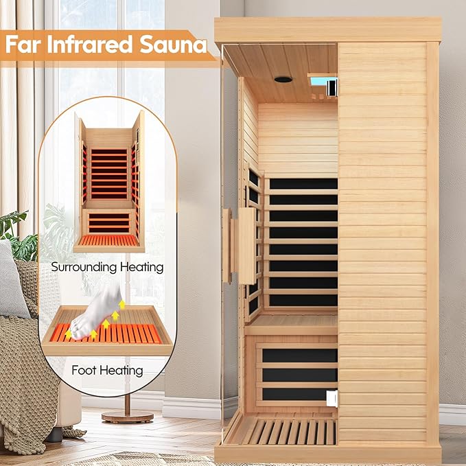 Sauna Room Indoor Far Infrared Saunas Home Canadian Hemlock 1420W Low-EMF Dry Saunas Single Person Spa with Oxygen Bar 7 Color Therapy 33.5 * 33.5 * 70.8 inch