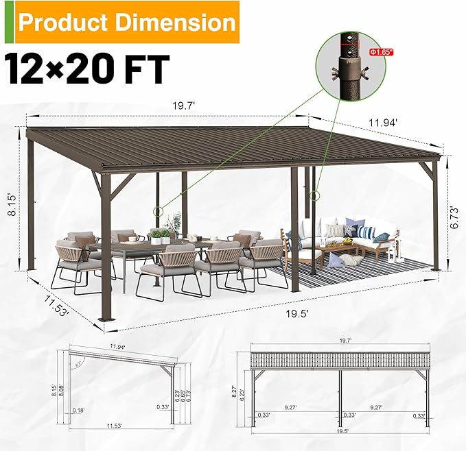12x20FT Lean to Gazebo, Outdoor Hardtop Wall Mounted Gazebo with Gutter & Sloping Galvanized Steel Roof, Metal Hard Top Awnings for Deck, Porch, Backyard -Brown