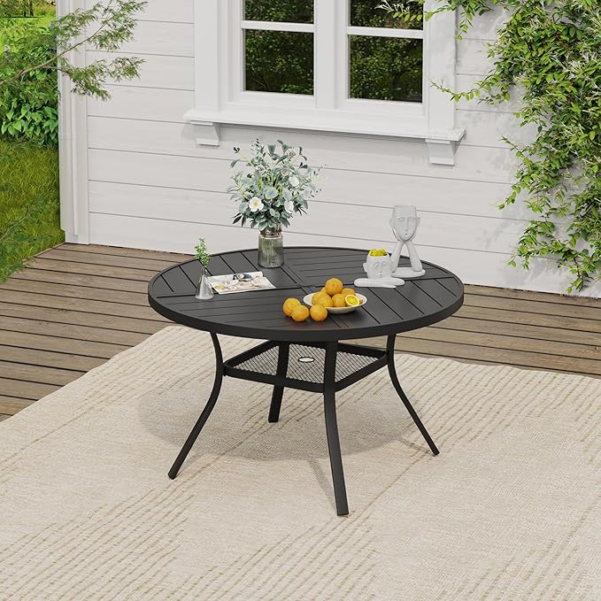 VICLLAX 5 Pieces Outdoor Dining Set, Patio Furniture Set of 4 Patio Swivel Dining Chairs and 40.6" Patio Spliced Round Tabletop with Storage Shelf, Mixed Brown Chairs & Black Tabletop