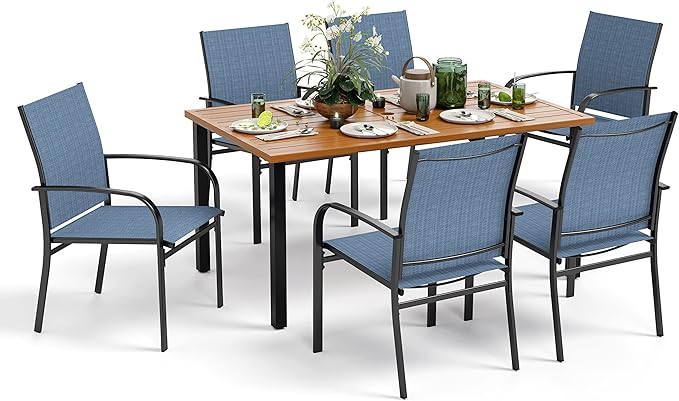 Patio Table and Chairs Set, Outdoor Dining Set for 6 with Blue Chairs and Teak Color Tabletop Outdoor Dining Table, 7-Piece Patio Furniture Set for Deck Backyard Lawn