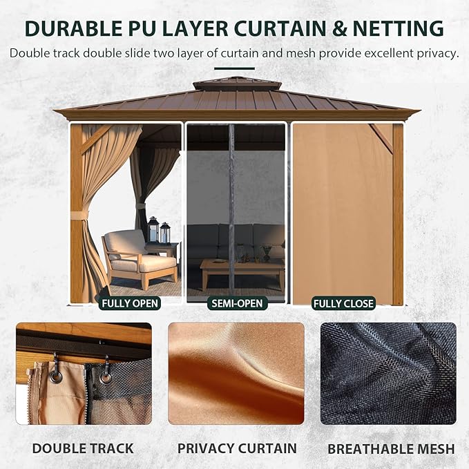 YOLENY 12'x12' Hardtop Gazebo, Wooden Finish Coated Aluminum Frame Canopy with Galvanized Steel Roof, Outdoor Metal Gazebos with Curtains and Nettings for Patio, Backyard, Deck and Lawns