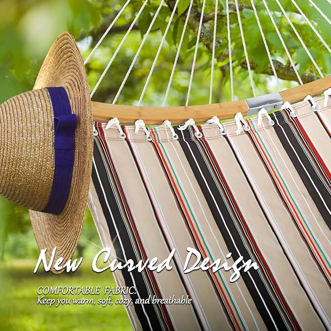Double Hammock, 11 FT Quilted Fabric 2 Person Hammock for Outside with Pillow, Folding Curved Spreader Bar, Chains, Carrying Bag, Indoor Outdoor, 450 IB Capacity, Havana Brown
