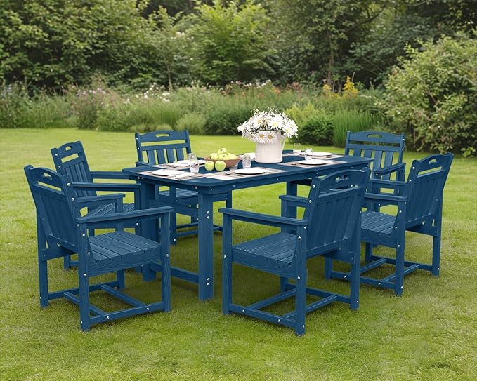 Ciokea HDPE Outdoor Dining Set 7-Piece Patio Table and Chairs with Umbrella Hole, All-Weather Patio Dining Set for 6, Durable Patio Furniture Set for Backyard, Garden, Lawn & Poolside, Navy Blue