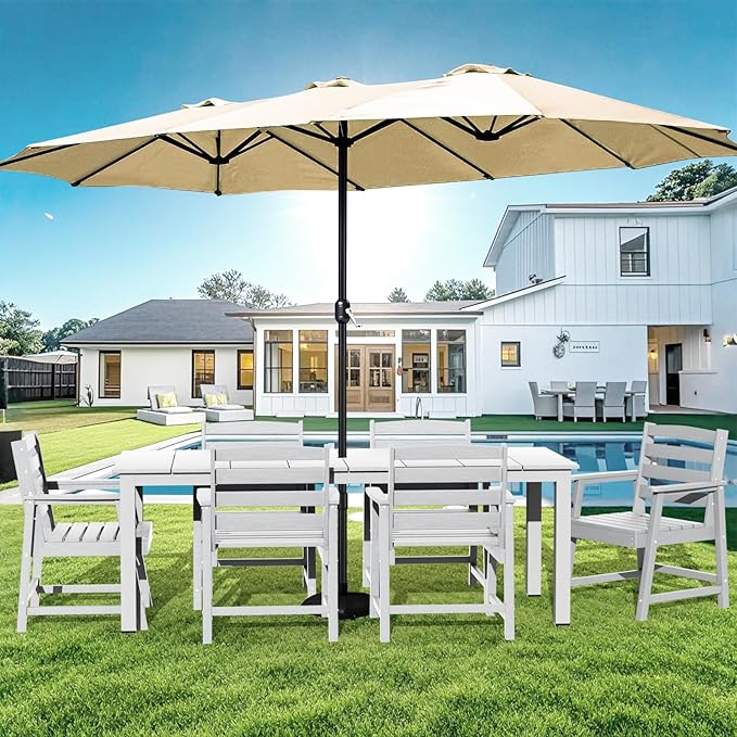 LOUNZY 7 Pieces Patio Dining Sets, 75.2'' Table Outdoor HDPE Furniture Set w/ 2" Hole Cut-Out Dining Table with 6 Patio Chairs for Lawn, Pool and Yard,White