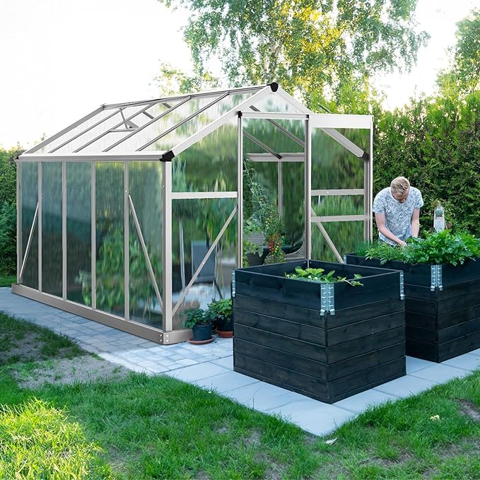 VINGLI 6x10FT Heavy Duty Polycarbonate Greenhouse with 5 Roof Vents, Aluminum Sliding Door, Silver