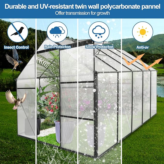 6x10 FT Polycarbonate Greenhouse with Sliding Door and Adjustable Roof, Heavy Duty Aluminum Walk-in Greenhouses w/ Raised Base for Outdoor Garden Backyard,Black