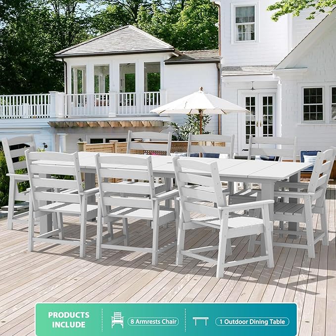 LOUNZY 9 Pieces Patio Dining Sets, 90'' Table Outdoor HDPE Furniture Set w/ 2" Hole Cut-Out Dining Table with 8 Patio Chairs for Lawn, Pool and Yard, White