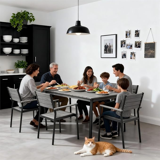 Outdoor Dining Table for 8-10, 94.5 inch Patio Dining Table with Wooden-Like Top and Aluminum Frame, Rectangular Table with Umbrella Hole Outdoor Furniture, Grey