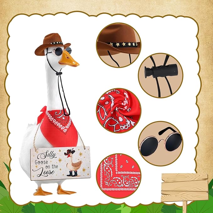 4pcs Western Cowboy Porch Goose Outfits, Silly Goose on The Loose Hangings Sign Cowboy Hat Bandana Glasses for 17 or 23 inches Statue Outdoor Patio Yard Lawn Art (Brown, Red)