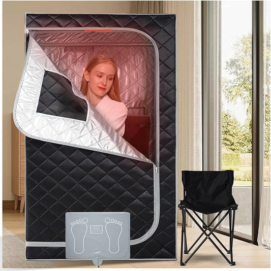 Smartmak Portable Infrared Sauna Box for Home with 660nm Red Light Therapy Lamp, Full Body Dry Sauna Tent, Personal Saunas with 6 Heaters, Heated Foot Pad, Foldable Chair for Body Recovery, BlackGrey