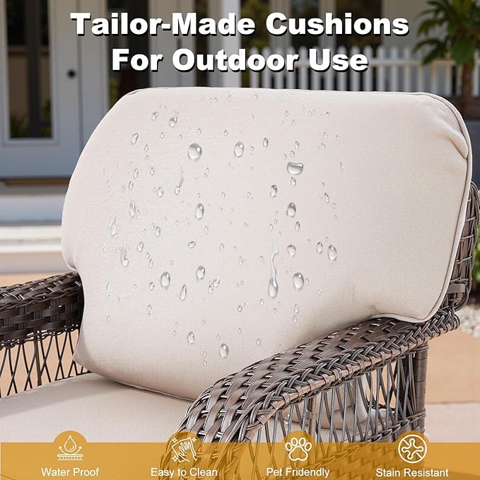 5 Pieces Patio Furniture Set Outdoor Sectional Sofa Couch with Rocking Swivel Chairs 5" Deep Seat Chairs, Modern Wicker Rattan Conversation Set, Beige/Brown Wicker