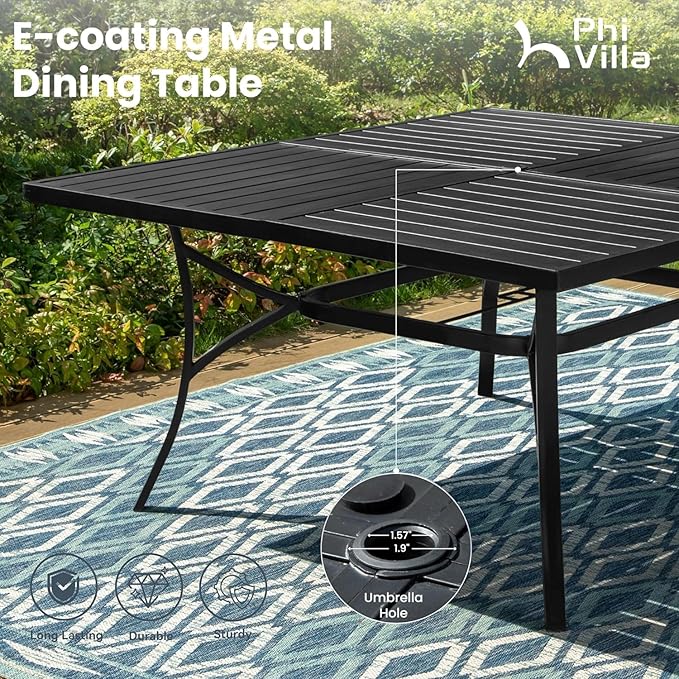 PHI VILLA 9 Piece Outdoor Dining Set for 8, Square Metal Table (60") with Umbrella Hole and Swivel Chairs with Cushions– Perfect for Patio, Garden, Deck, Porch, and Backyard