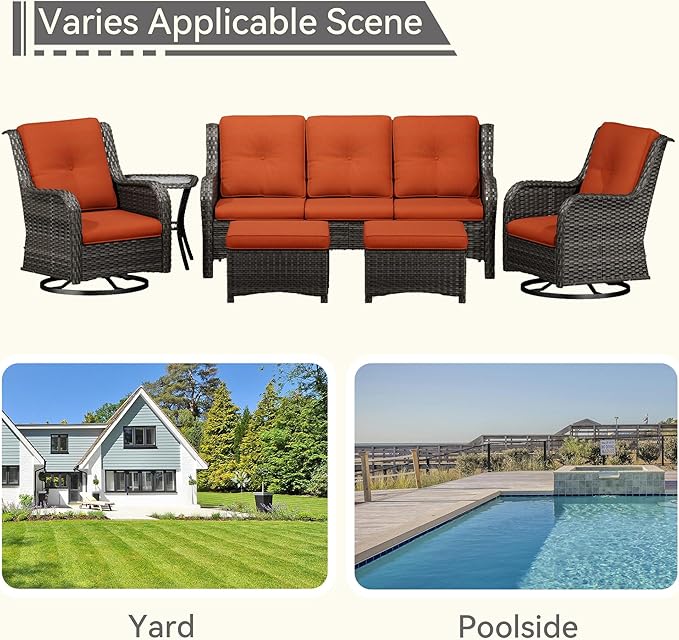 Wicker Patio Furniture Set 6 Piece, Outdoor Furniture Patio Conversation Set Includes 1 Three-Seat Sofa, 2 Swivel Rocker Chairs, 2 Ottomans and 1 Side Table,Orange