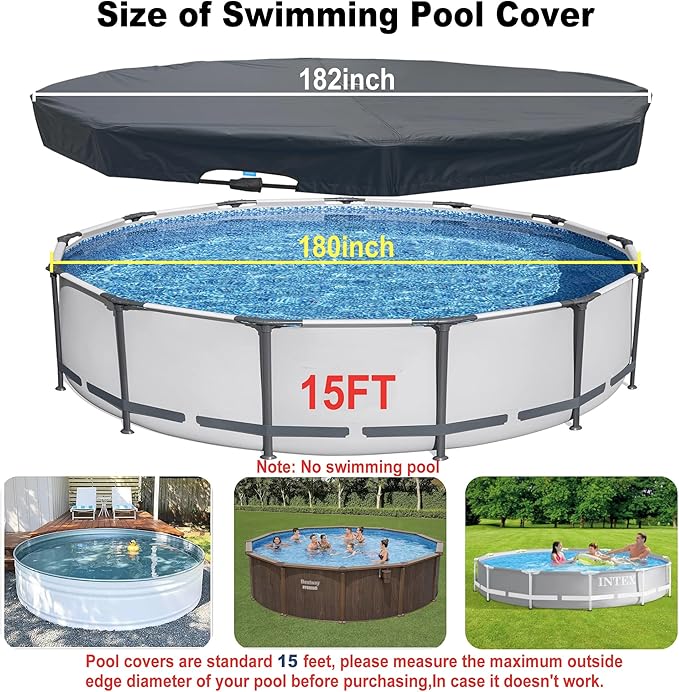15 Ft Pool Cover, with Automatic Drain Round Pool Cover, One-Piece Quick Installation and Removal Above Ground Pool Cover, Preventing Waterlogging, UV Protected Solar Swimming Pool Cover