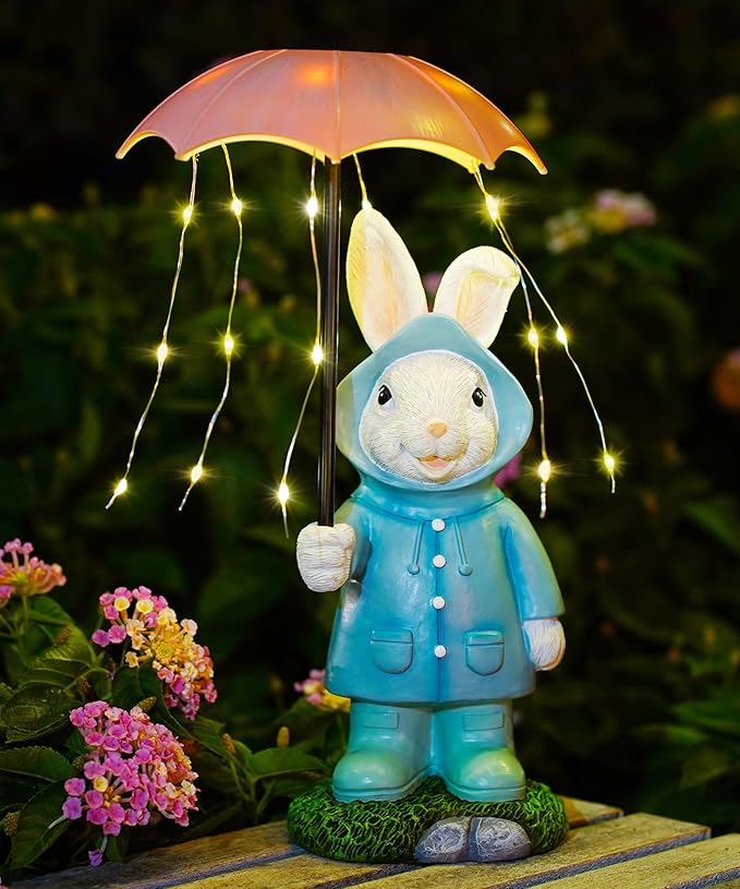 Solar Rabbit Garden Statue Outdoor Decor, Bunny Figurines Lights with Umbrella for Outside Yard Lawn Ornaments,Gifts for Mother's Day Birthday Easter Housewarming