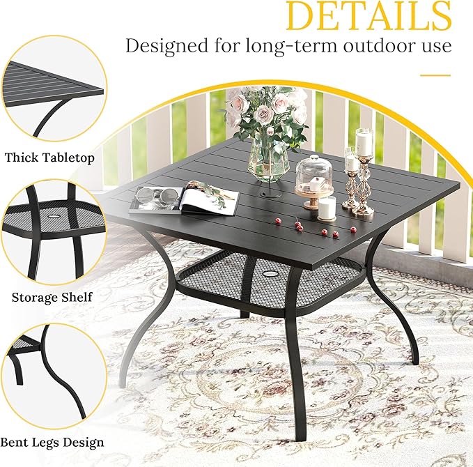 VICLLAX 5 Pieces Patio Dining Set for 4, Outdoor Furniture Set Includes 37.8" Square Outdoor Table and 4 Patio Swivel Chairs for Lawn Garden, Black Tabletop and Blue Fabric