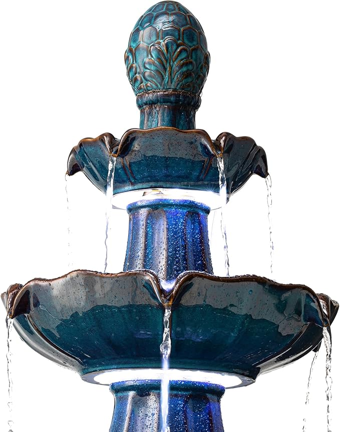 Glitzhome Outdoor Fountain and Waterfalls 3 Tier Patio Fountains, 45" H Turquoise Ceramic Water Fountain with LED Light, Pump & Adapter Garden Outdoor Floor Stand Fountains for Backyard Deck Lawn