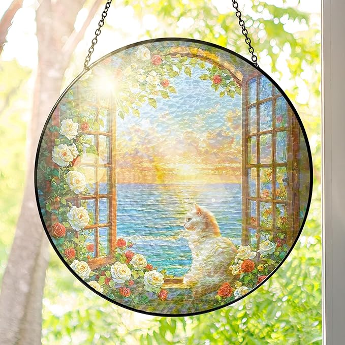 FLAGWIX Christmas Cat Gifts for Women - Stained Glass Window Hanging 8 in - Beach Gifts for Women Mom Grandma, Gift for Cat Lovers, Suncatcher Holiday Christmas Decorations for Home, Coastal Decor