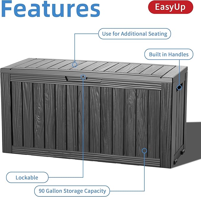 EasyUp 90 Gallon Outdoor Storage Box, Resin Waterproof UV-Resistant Deck Box, Reinforced Stability for Patio, Garden, and Poolside, Striped Black