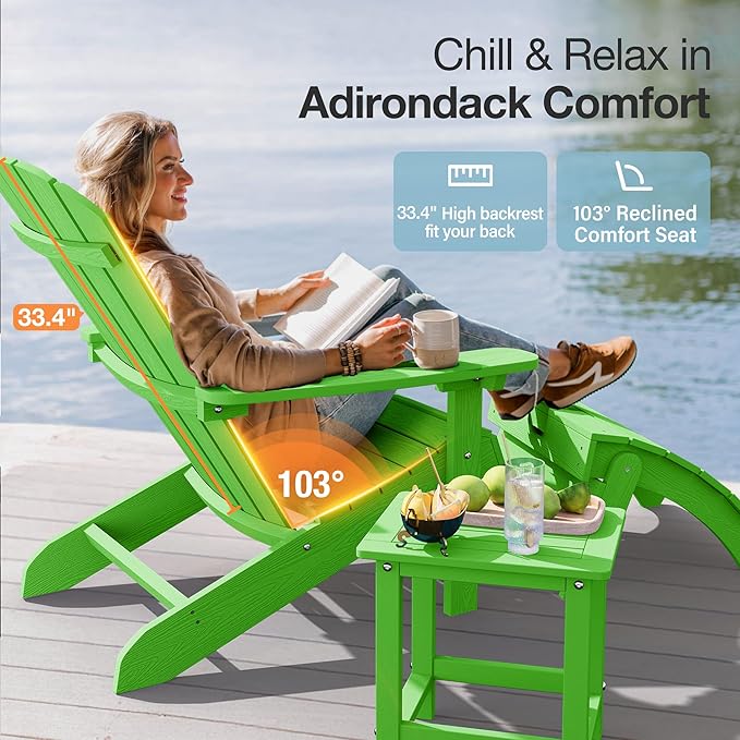 YEFU Adirondack Chairs Set of 8: Plastic Adirondack Chairs - Patio Chairs with Wood Texture - Outdoor Chair HIPS - Lawn Fire Pit Deck Porch Garden Chairs for Adults (Lime)