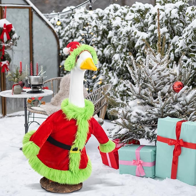 Christmas Porch Goose Outfit for 23" High Cement or Plastic Green Santa Claus Costume Lawn Christmas Goose Outfit for Yard Lawn Outdoor Garden Patio Xmas Holiday Decor