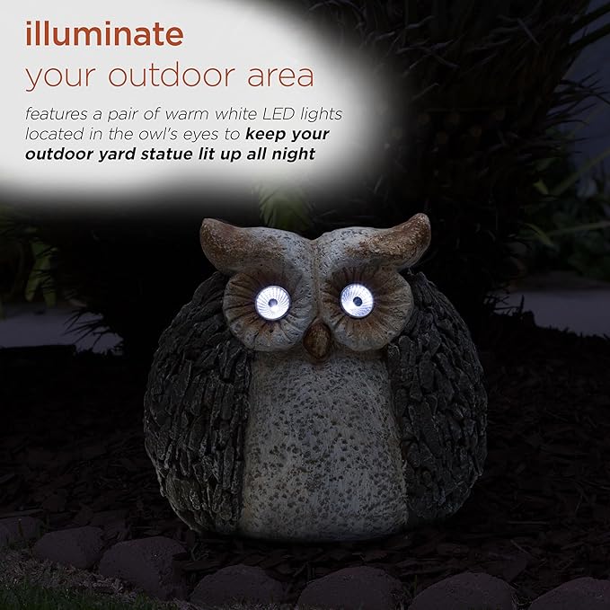 Alpine Corporation 13" Tall Outdoor Solar Powered Owl Yard Statue with LED Lights