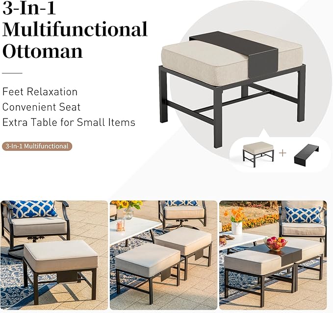 Patio Furniture Set, Modern Metal Outdoor Patio Furniture, 3 Seater Sofa, 2 Swivel Chairs, 2 Ottomans, Coffee Table and 5.75" Extra Thick Cushion, Patio Conversation Set for Backyard