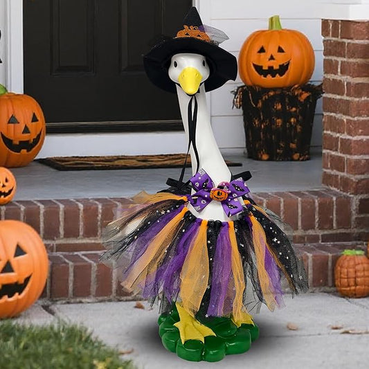 Halloween Porch Goose Statues with Outfits Decor - 20" Big White Goose Resin Figurine, Autumn Halloween Goose Outfits with Hat Bow Tie for Party Decoration, Porch, Yard, Patio, Lawn,Women/Girl Gift