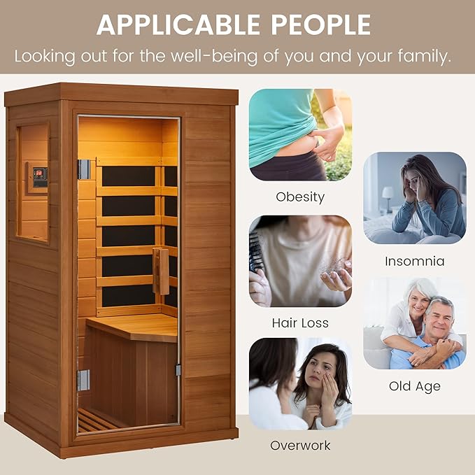 1 Person Infrared Sauna, Hemlock Wooden Indoor Dry Saunas，Full Spectrum Mini Sauna with 4 Heater Panels, Bluetooth Speaker, Tempered Glass Door, Compact and Easy to Use, 110V