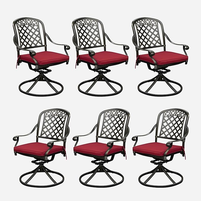 Set of 6 Cast Aluminum Patio Chairs with Cushions, All-Weather Aluminum Outdoor Swivel Chairs, Metal Outdoor Rocking Chairs for Backyard, Poolside and Bistro(Red, 6 Pieces)