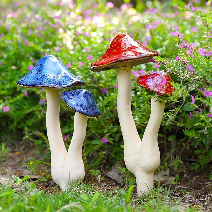 Mushroom Yard Decor - 2pcs Ceramic Mushroom Statue for Garden, Fairy Garden Stakes Ceramic Lawn Ornament Decor Plants Stake