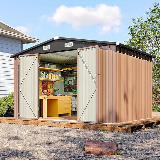 10x8 FT Outdoor Storage Shed, Utility Steel Tool Shed with Lockable Door and Air Vents, Galvanized Metal Shed for Garden Backyard Patio Lawn (10'x8', Brown)