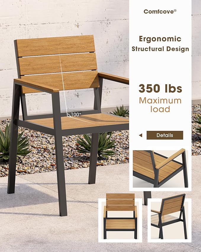 Outdoor Patio Dining Chairs Set of 2, Aluminum & HDPE All-Weather for Deck, Lawn, Backyard, Pool and Indoor Use (Gray & Teak)
